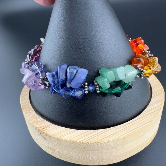 Artisan Sterling Silver Beaded Multi-Gemstone Cluster Rainbow Bracelet 7.5" - Picture 5 of 7